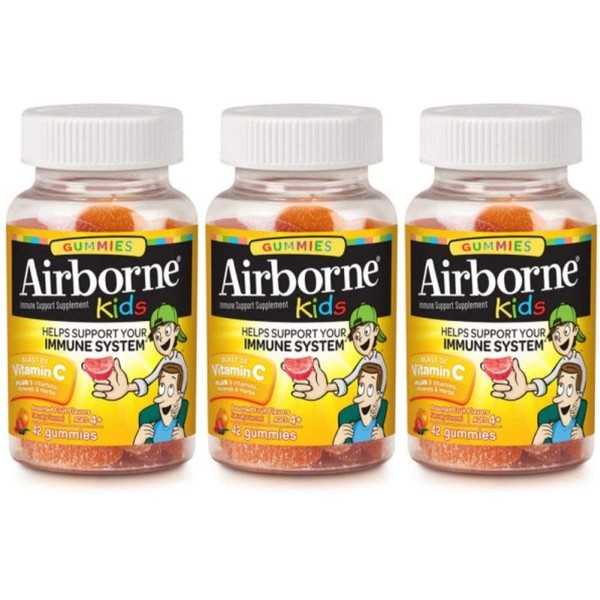 Airborne Kids Gummies Vitamin C Immune Support Supplement, Assorted Fruit Flavors, 42 ct (Pack of 3)