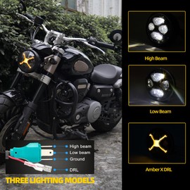 5-3/4 5.75 Inch LED Motorcycle Headlight Fits for Harley Davidson Sportster Dyna Street Bob Low Rider Super Wide Glide Iron 883 1200 48 Softail with Housing &Amber DRL Hi/Lo Fit 32-40mm Fork Tube