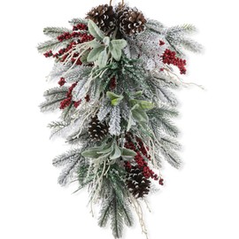 Glitzhome 28 Inch Flocked Christmas Teardrop Wreath with Pinecones and Berries, Snow Dusted Pine Door Hanger with Glittering Accents for Indoor Holiday Decor