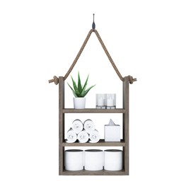 SFC Rustic Wood Bathroom Shelf Over Toilet, Wall Mounted, Ladder Style Rope Hanging Shelf (Large)