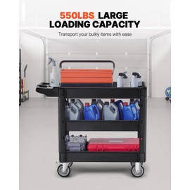 VEVOR Utility Cart, 3-Tier Plastic Service Cart with 550LBS Capacity, 360° Swivel Casters (Including 2 Locking Wheels), Medium Lipped Shelves, Ergonomic Handle, for Garage, Warehouse, Cleaning Tasks