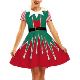 3D Printed Cosplay Dress - Women's Christmas Party Dress, Short Sleeve, Crewneck, Swing Pattern, Xmas Costume