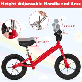 BABY JOY Toddler Balance Bike, No Pedal 12” Training Bicycle for 3+ Years Old Kids with Rubber Tires and Height Adjustable Handlebar & Seat, Indoor Outdoor Sport Bike (12 Inches, Red)