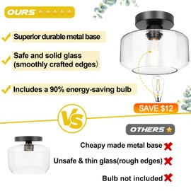 Industrial Semi Flush Mount Ceiling Light, 800 Lumen LED Bulb Included, Clear Glass Shade Ceiling Light Fixture, Farmhouse Light Fixture for Hallway Corridor Kitchen Bathroom Bedroom Passway