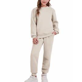 Flygo Boys Girls 2 Piece Outfits Fleece Kids Sweatsuit Crewneck Sweatshirt and Sweatpants Tracksuit Clothing Set(Beige-S)