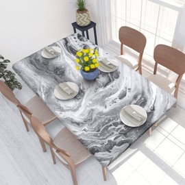 BOXIMIAO Tablecloth with Elastic Edge White Grey Marble Texture Rectangle Waterproof Oil-Proof Table Cloth Washable Reusable Table Cover for Kitchen Dining, 4FT