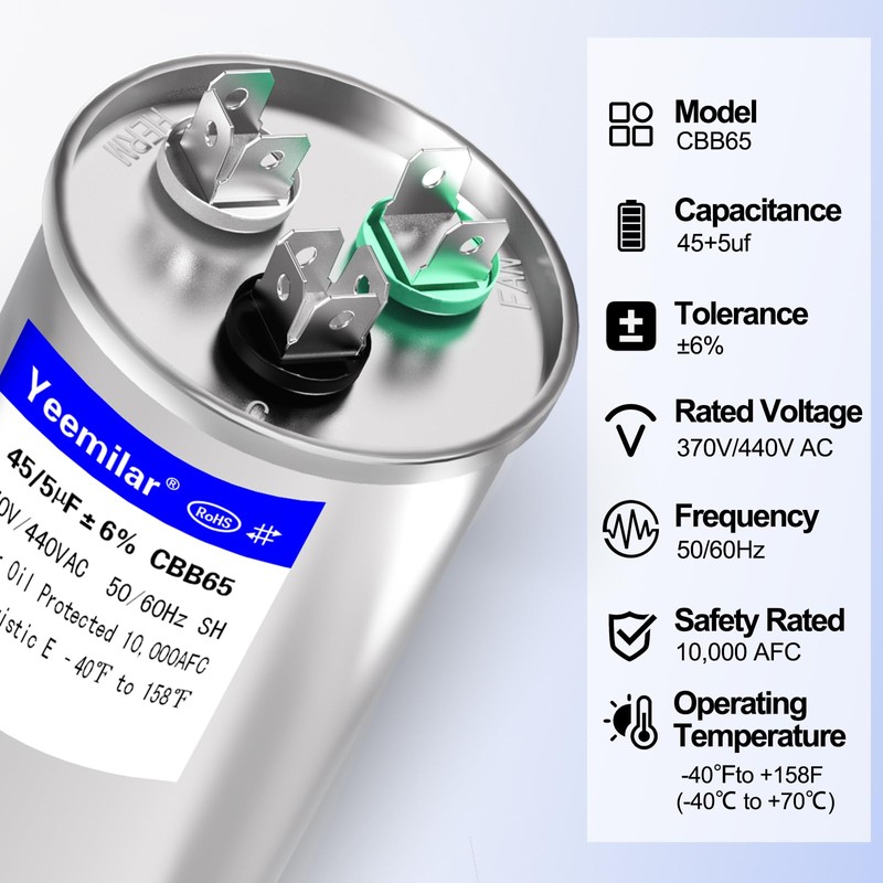 45+5 uF 45/5 MFD ±6% 370V/440V CBB65 AC Capacitor, Dual