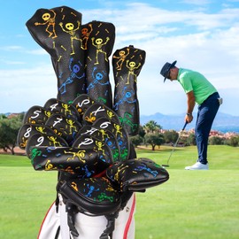 Big Teeth Golf Club Head covers Wood Set 3 PACKS 1FH DR FW UT for Driver Fairway Hybrid with No.Tag Balck PU Leather Colorful Skull Pattern Elastic Closure