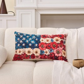 HJZLB 4th of July Throw Pillow Cover 12x20 American Flag Floral Patriotic Lumbar Cushion Case Independence Day Decoration for Home Sofa Couch Porch Farmhouse Decor