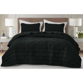 Chezmoi Collection George 3-Piece Jacquard Quilt Set Queen Size, Black Textured Woven Lightweight Rectangle Quilted Bedspread for All Seasons (1 Quilt 92x96 inches, 2 Shams)