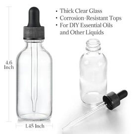4 piezas, botellas cuentagotas transparentes de 2 oz con 1 embudo de acero inoxidable y 4 etiquetas - Tapones negros, botellas de vidrio grueso de 60 