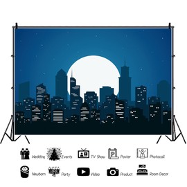 5x3ft Super City Backdrop Superhero Backdrop Super City Night Scene Big Full Moon Starry Sky Superhero Theme Birthday Background Newborn Baby Shower Photo Background