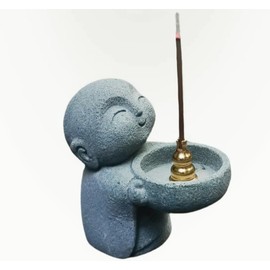 Zen Monk Incense Holder, Sandstone Ksitigarbha Statue for Mindfulness Meditation, Feng Shui Buddha Decor for Home Office, Cute Little Figurine as Candle/Tea Light Stand, Consecrated with Amulet