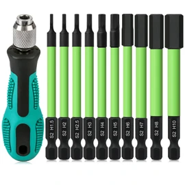 TLEEP 3.5" Long 1/4" Hex Head Allen Wrench Drill Bits + Quick Change Bit Driver, Metric 1.5MM to 10MM Impact Driver Bit Set, Magnetic Tips Magnetic Screwdriver Bits Hex Drill Bit Set, S2 Steel