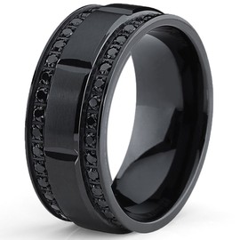 9MM Men's Black Titanium Wedding Band Ring with Double Row Black Cubic Zirconia, Comfort Fit