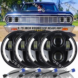 JESUO 4PC 5-3/4 5.75 Inch Round LED Headlight Hi/Lo Beam Fit Chevy El Camino 1964-1970