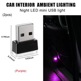 Sylvil 2 PCS USB LED Car Interior Atmosphere Lamp, Portable Mini LED Night Light, Plug-in USB Interface Trunk Ambient Lighting Kit, Universal Interior Car Accessories (Purple)
