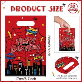 50 Pcs Happy Birthday Spider Party Favor Goodie Bags Decorations, Plastic Hero Gift Bags with Handles Red Spider Candy Bag for Gifts Wrapping and Kid’s Birthday Party Supplies, 6.7 x 9.8 Inch
