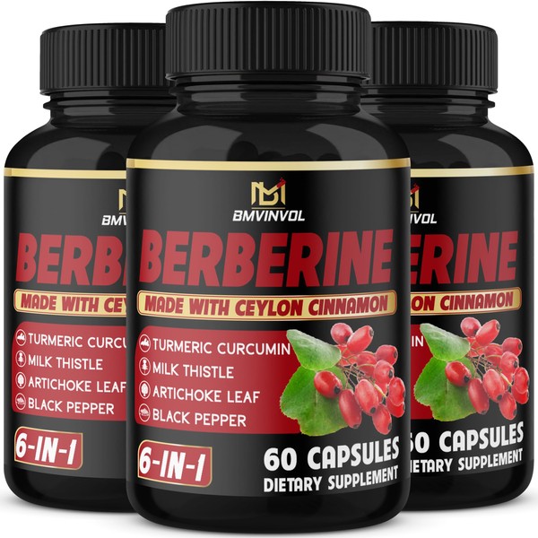 (3 Packs) Berberine Supplement Plus Ceylon Cinnamon, Milk Thistle, Turmeric,