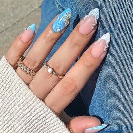 Buy 10 Get 10 Free! [Machine-Made] 24pcs Press-On Nails with Rhinestones & Flowers – French Style Glue-On Nails for Women & Girls Full Cover Shiny Glitter Long Lasting Quality:_M-AL-BL-006