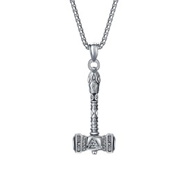 Yaumatea Viking Thor's Hammer Necklace For Men Women Vintage Norse Mjolnir Hammer Amulet Powerful Protection Jewelry Gifts Stainless Steel 24 inches (Thor Hammer Valknut 1, Silver)