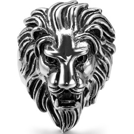 JewelryWe New Biker Men's Vintage Style Casting Stainless Lion Head Ring Band (with Gift Bag, Sizes Selectable)