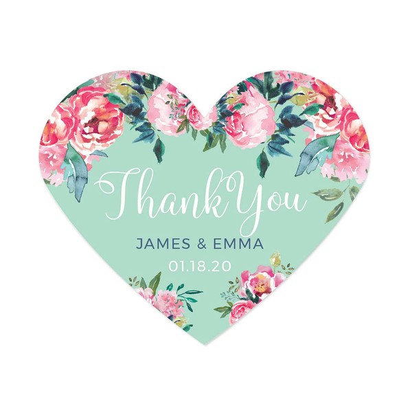 Andaz Press Pink Peonies Flowers Floral Garden Party Wedding Collection, Personalized Heart Label Stickers, Thank You Anna & Steve January 4, 2024, 75-Pack, Custom Names and Date