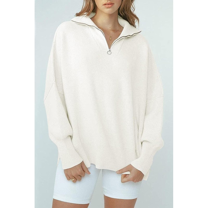 Lynkiss Women's Oversized Sweater Long Sleeve 1/4 Zipper Collar Drop