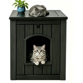 Cat Litter Box Enclosure, Resin Hidden Litter Box Furniture Side Table with Openable Front Door, Weatherproof Indoor & Outdoor Cat Litter Box Cabinet, Raised Floor, Easy to Clean & Assemble, Black
