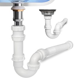 White 1 1/4" and 1-1/2" P-Trap Plumbing Kit with Threaded Adapter, J-Bend for Restroom Sink Kitchen Sink Drain Pipe, Flexible Extension Tube Drain Tailpiece