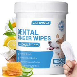 LATAVOLA Dog Teeth Cleaning Wipes - Cat & Dog Dental Wipes - Dog Tooth Brushing Kit Dental Finger Wipes Reduces Plaque & Freshens Breath - 60 Count