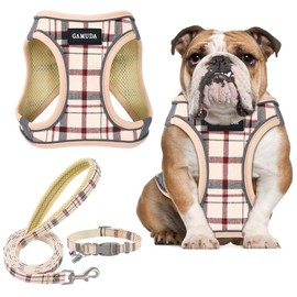GAMUDA Small Dog Harness Collar and Leash Set, Step in No Chock No Pull Soft Mesh Adjustable Dog Vest Harnesses Plaid Reflective for Dogs Puppy Cats Kitten Rabbit (Beige, L)
