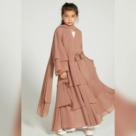 OBEEII Muslim Cardigan for Girls Solid Color Prayer Dress Islamic Dubai Abaya Clothing Casual Ramadan Party Long Sleeve Cardigan Muslim Robe with Hijab Khaki 13-14 Years