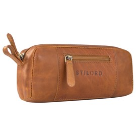 STILORD 'Ted' Small Leather Case, High-Quality Vintage Pencil Case, Glasses Case, Leather Pencil Case, Make-Up Bag, Small for Pens, Glasses, Cosmetics, Cognac - Brown
