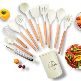 Utensilios de Cocina de Silicona,Juego de 12 Herramientas de Cocina Antiadherentes Resistentes al Calor，con mango de silicona y madera con soporte de plástico/volteador/batidor/espátula