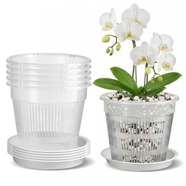 Dwitkul 5 Pezzi Vaso Trasparente per Orchidee, Vasi per Orchidee da 14 cm, Vaso Plastica Trasparente con Fori di Drenaggio e Piattini, per Interni ed Esterni, Ideale per Phalaenopsis, Dendrobium
