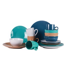 HomeVss, Color Wave Stoneware 16pc Dinnerware Set, Earth Paint Mixed Colors of White, Beige, Turquoise and Dark Blue