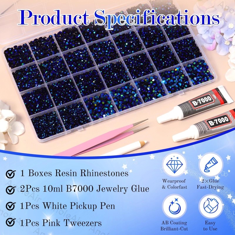 Jelly Black Blue Rhinestones for Bedazzling Kit, 2-6mm Gems for
