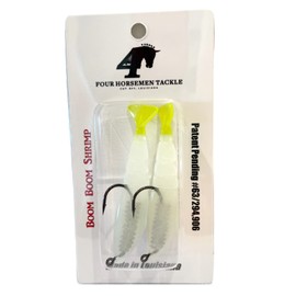 FOUR HORSEMEN TACKLE Boom Boom Shrimp Plastic Bait Saltwater Fishing Lures for Speckled Trout, Redfish - 1/8 Deathgrip Jighead Hook - Glow (Pack of 2)