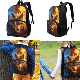 Cndexd 3 Pieces Fire Wolf Backpacks for Kids, Boys Preschool Backpack with Lunch Box Pencil Case, School Bookbag Set, Kids Backpack for Travel