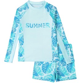 Xumplo Boys 2 Piece Swimming Costume Teen Boys Long Sleeve Top and Shorts Swimsuits Tween Boy Letter Print Swimwear UPF50+ Sun Protection Bathing Suit 5-6 Years Blue
