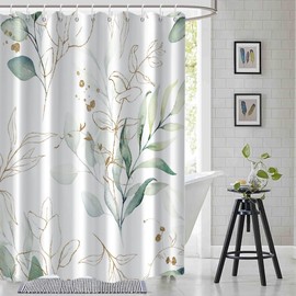 Sage Green Eucalyptus Shower Curtain, Spring Plant Leaves Shower Curtain Waterproof Fabric Watercolor Green and Gold Shower Curtain Set with Hooks, 72x78 Inch