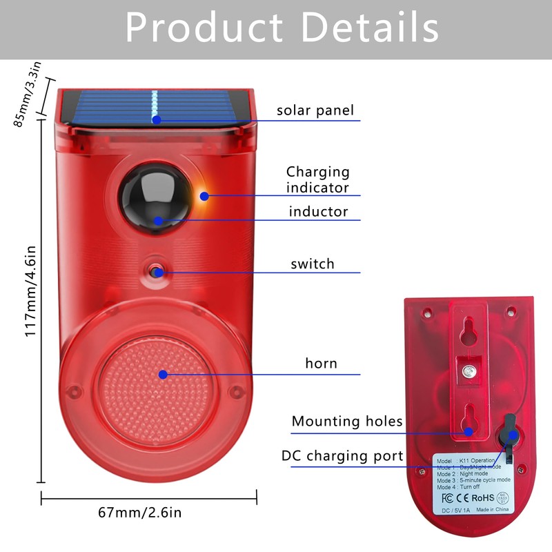 QXMH Solar Outdoor Motion Sensor Alarm: 110db Siren Sound,6 LEDs