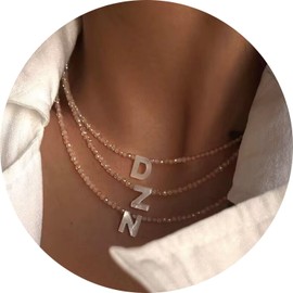 JEMUALE Initial Necklaces for Women Beaded Letter Choker Necklace Trendy 14K Gold Plated Shell Pendant Necklace Simple Jewelry J