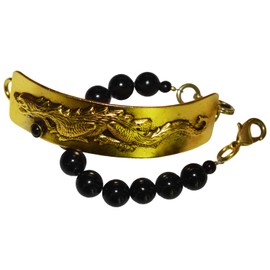Elaine Coyne Collectible Artwear Antique Gold Brass Dragon Narrow Rockband Bracelet - Black Onyx