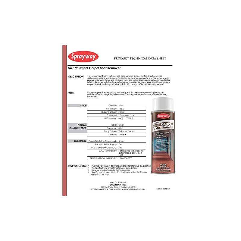 Sprayway SW879 Instant Carpet Spot Remover, 18 oz