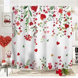 Baccessor Valentine's Day Shower Curtain Hearts and Flowers Leaf Shower Curtain Polyester Fabric Bathroom Bath Home Decor Waterproof Weighted with Hooks 72 W x72 H Inch