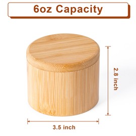 Husfunov Bamboo Salt Cellar, Magnetic Swivel Lid Salt Box, Round Container for Storing Pepper Sugar Herbs, 6 Ounce Capacity