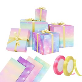 Rainbow Gradient Gift Wrapping Paper Set - 8 Sheets (4 Designs x 2 + 2 Ribbon Rolls) 70x50cm for Birthdays, Weddings, Mother’s Day, DIY Crafts, Girls/Women Gifts