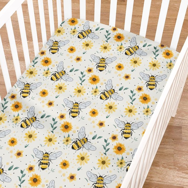 Watercolor Bees Boho Sunflowers Leaves Baby Crib Sheets for Boy